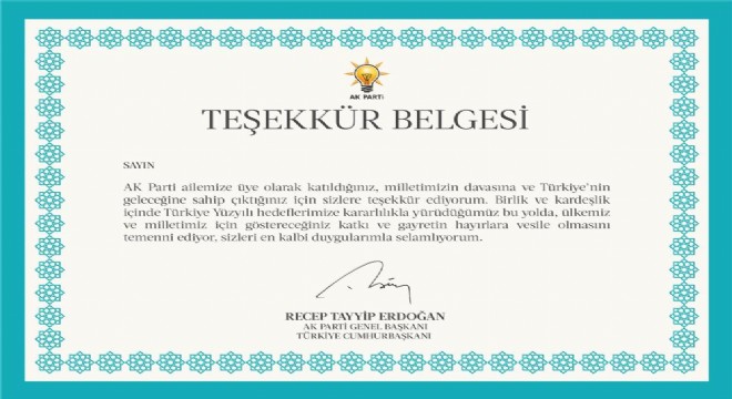 AK Parti'den üyelere teşekkür belgesi