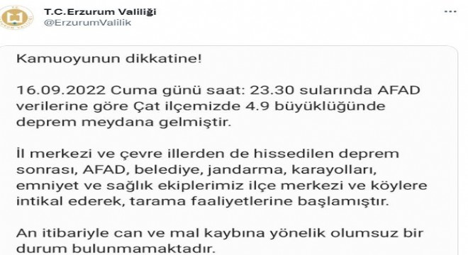 Erzurum Valiliği: ‘Can ve mal kaybı yok'