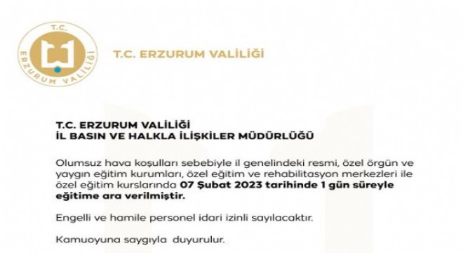 Erzurum'da okullar yarın da tatil