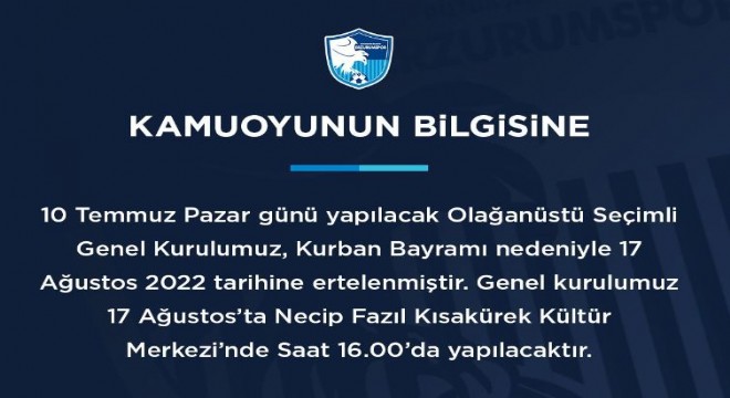 Erzurumspor Kongresi 17 Ağustos'ta yapılacak