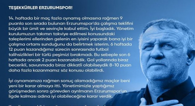 Erzurumspor'dan Bakkal'a teşekkür