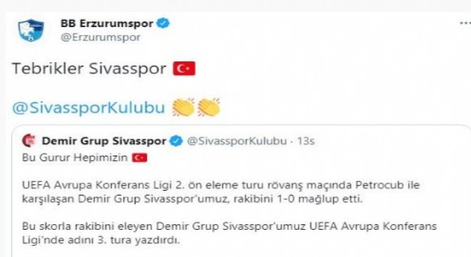 Erzurumspor'dan Sivasspor'a tebrik